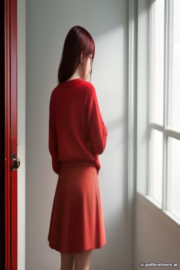 Generated sample of an adult in a red cardigan. Not a real person and not an athlete.
