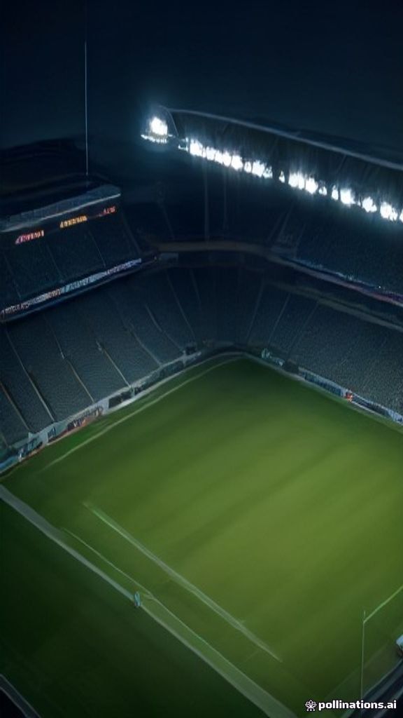 The made-up stadium used for the clip. Empty stands, no club marks.